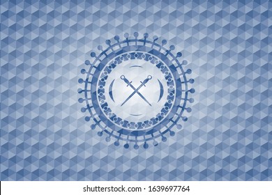 crossed swords icon inside blue emblem or badge with abstract geometric pattern background.