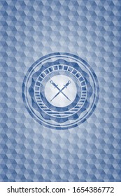 crossed swords icon inside blue emblem or badge with geometric pattern background.