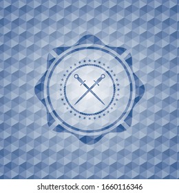 crossed swords icon inside blue hexagon emblem.