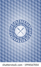 crossed swords icon inside blue badge with geometric pattern. 