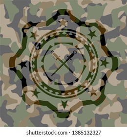 crossed swords icon inside camo texture