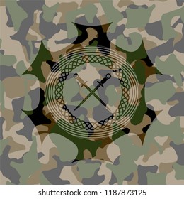crossed swords icon inside camouflage emblem