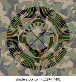 crossed swords icon inside camouflage emblem