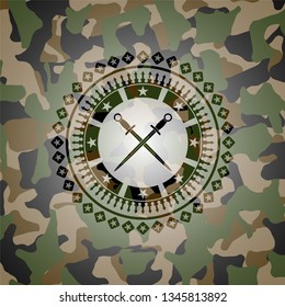 crossed swords icon inside camouflage texture