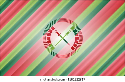 crossed swords icon inside christmas style badge..