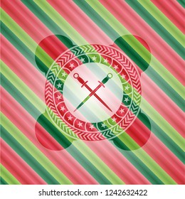 crossed swords icon inside christmas colors style emblem.