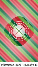 crossed swords icon inside christmas colors style emblem.