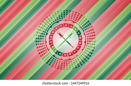 crossed swords icon inside christmas emblem background.