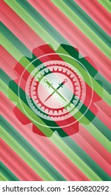 crossed swords icon inside christmas style badge..