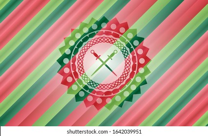 crossed swords icon inside christmas colors style badge.