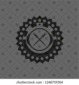crossed swords icon inside dark emblem