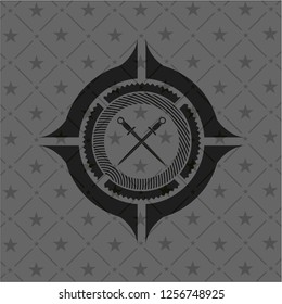  crossed swords icon inside dark badge or emblem