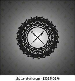 crossed swords icon inside dark emblem