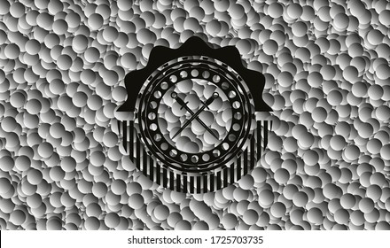 icono de espadas cruzadas dentro de una insignia oscura con fondo de burbujas. Ilustración vectorial. Detallado. 