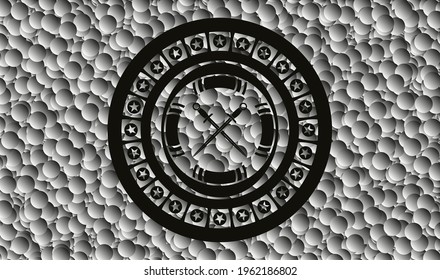 icono de espadas cruzadas dentro de un icono oscuro o emblema con fondo de burbujas grises. Ilustración vectorial. Detallado. 