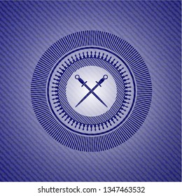 crossed swords icon inside denim background