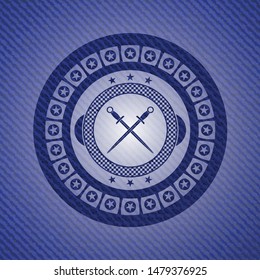 crossed swords icon inside denim background
