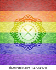 crossed swords icon inside emblem on mosaic background with the colors of the LGBT flag