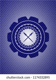 crossed swords icon inside emblem with jean background