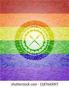 crossed swords icon inside emblem on mosaic background with the colors of the LGBT flag