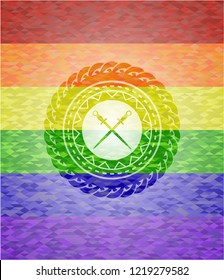 crossed swords icon inside emblem on mosaic background with the colors of the LGBT flag