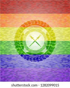 crossed swords icon inside emblem on mosaic background with the colors of the LGBT flag