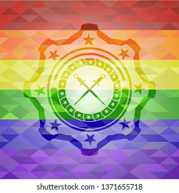 crossed swords icon inside emblem on mosaic background with the colors of the LGBT flag