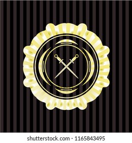 crossed swords icon inside gold badge