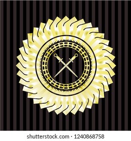 crossed swords icon inside gold badge or emblem