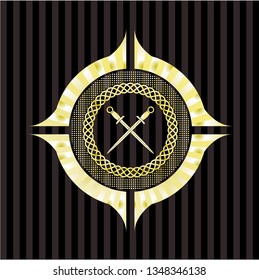 crossed swords icon inside gold emblem or badge