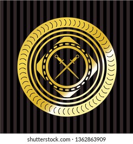 crossed swords icon inside gold emblem