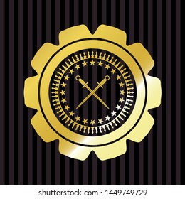 crossed swords icon inside gold badge or emblem
