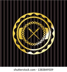 crossed swords icon inside golden emblem