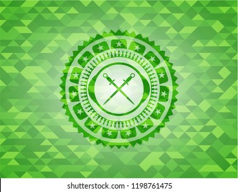 crossed swords icon inside green emblem with mosaic ecological style background