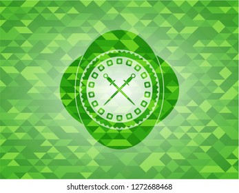 crossed swords icon inside green emblem. Mosaic background
