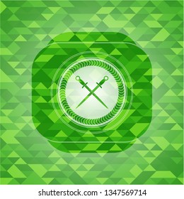 crossed swords icon inside green emblem. Mosaic background