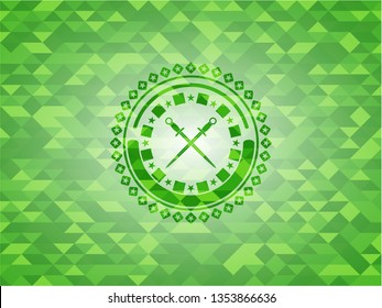 crossed swords icon inside green emblem with mosaic ecological style background