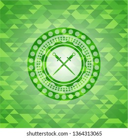 crossed swords icon inside green emblem. Mosaic background