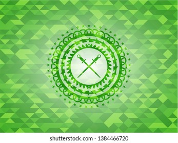 crossed swords icon inside green emblem with mosaic ecological style background
