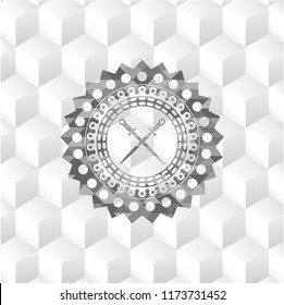 crossed swords icon inside grey emblem. Vintage with geometric cube white background