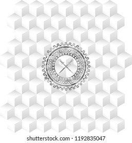crossed swords icon inside grey badge with geometric cube white background