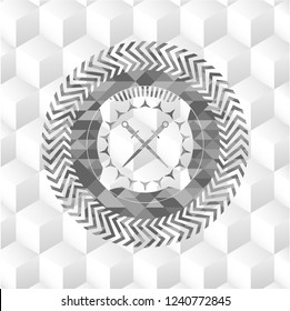 crossed swords icon inside grey emblem with cube white background