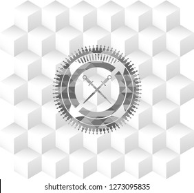 crossed swords icon inside grey emblem with geometric cube white background