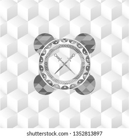 crossed swords icon inside grey badge with geometric cube white background