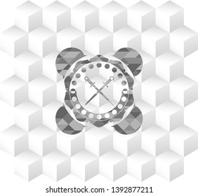 crossed swords icon inside grey emblem with cube white background