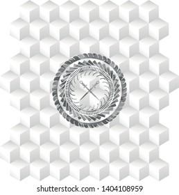 crossed swords icon inside grey icon or emblem with geometric cube white background