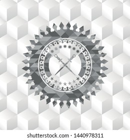 crossed swords icon inside grey emblem. Vintage with geometric cube white background