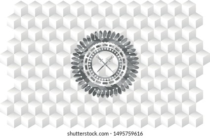 crossed swords icon inside grey emblem with cube white background