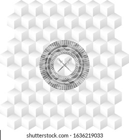 crossed swords icon inside grey emblem with cube white background