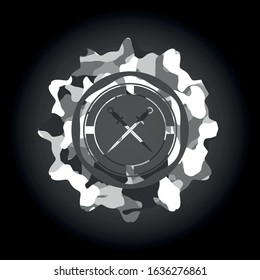 crossed swords icon inside grey camouflaged emblem